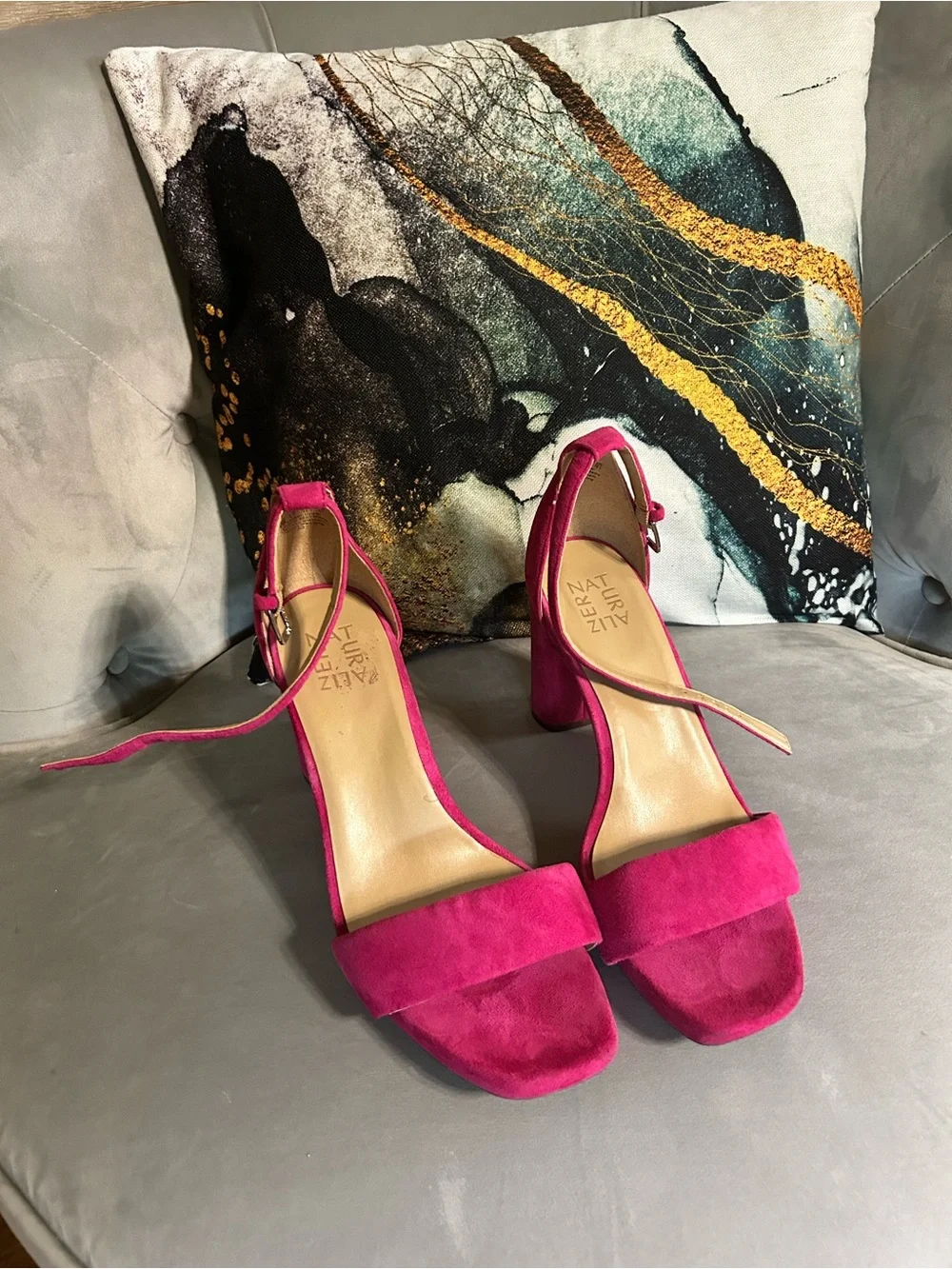 Zara Hot Pink Suede Block Heel Sandals